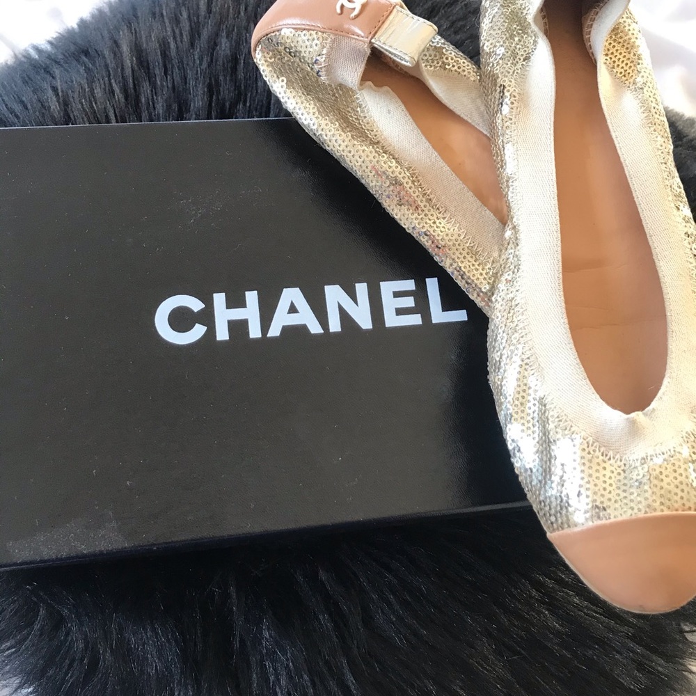 Tan and gold Chanel flats